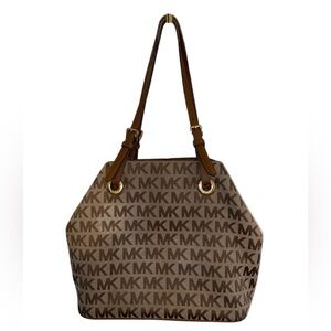 Michael Kors Jet Set brown & tan canvas Logo Tote Handbag satchel shoulder Purse
